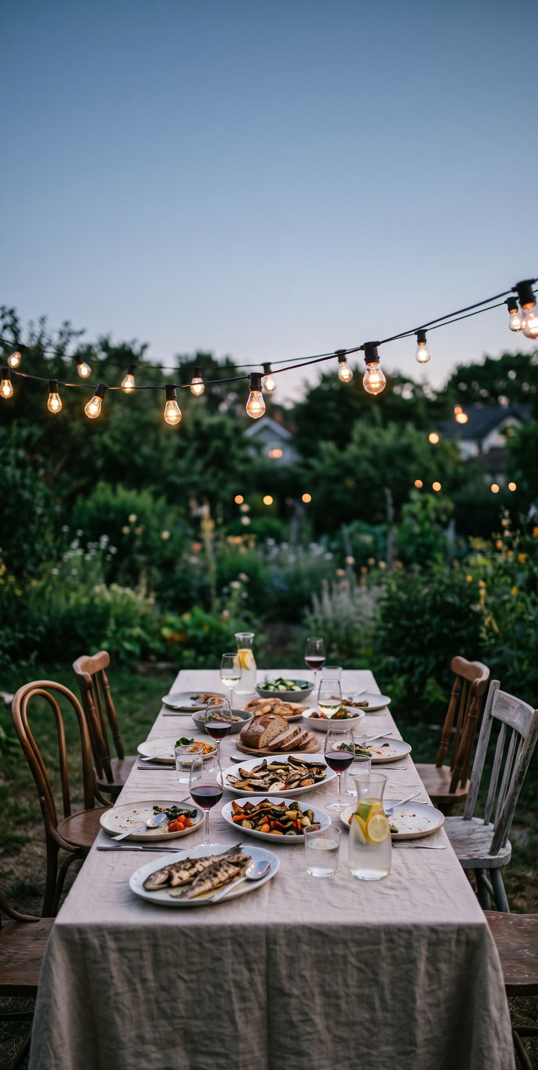 A long backyard table under string lights at dusk