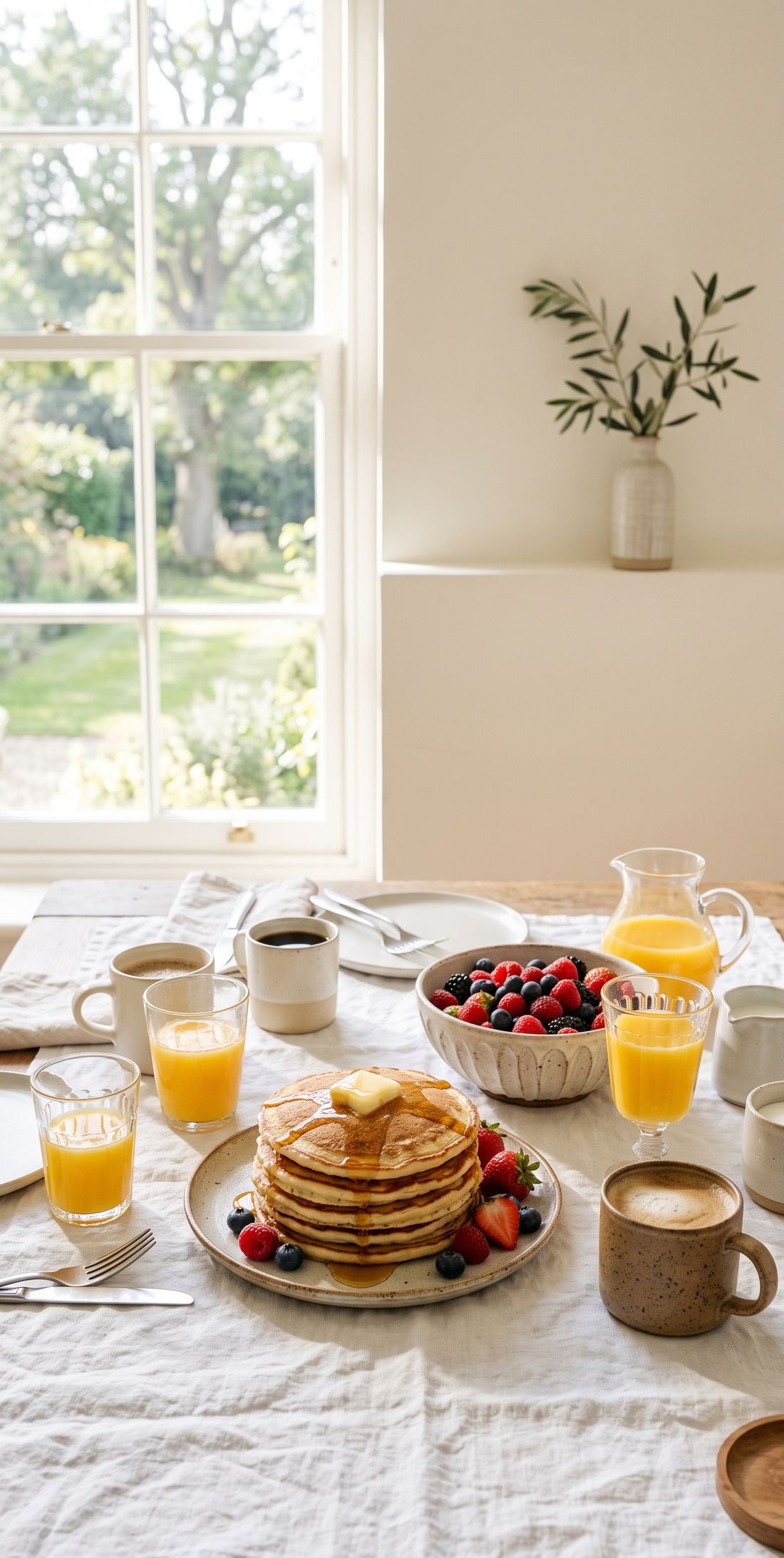 A bright weekend brunch table in morning sun