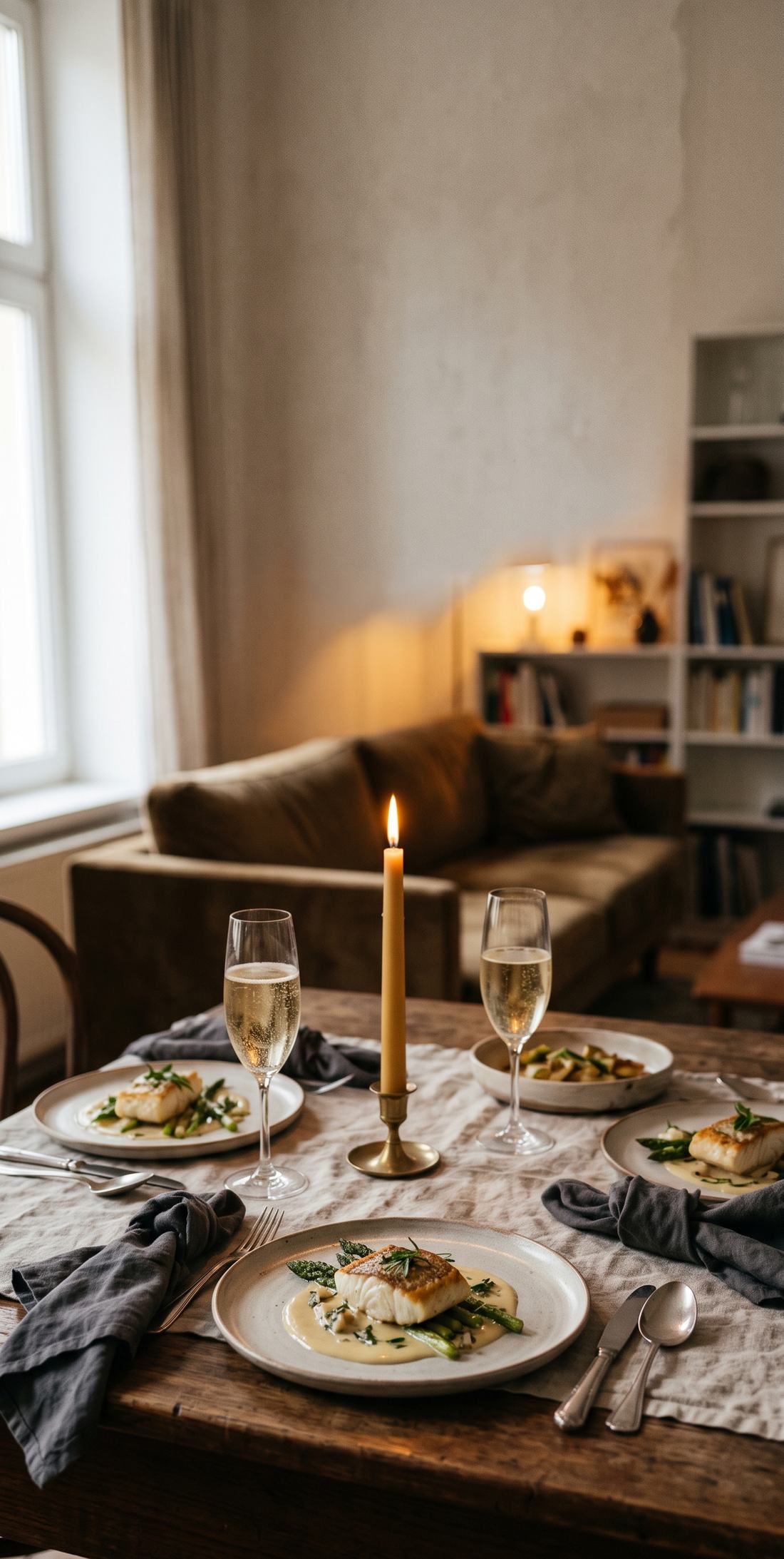 A candlelit table set for two at home