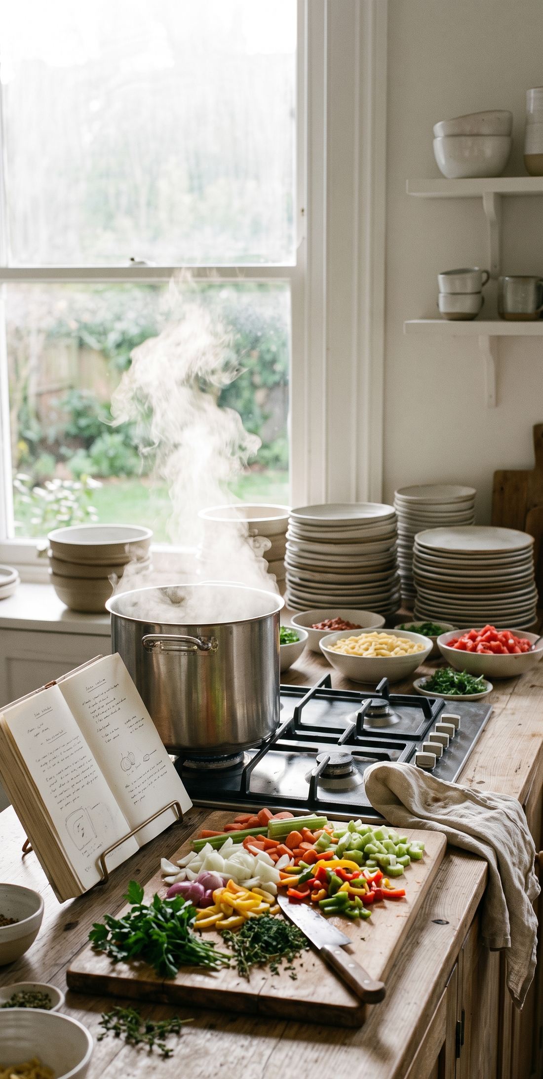 A bright kitchen mid-cooking for a crowd, pot steaming