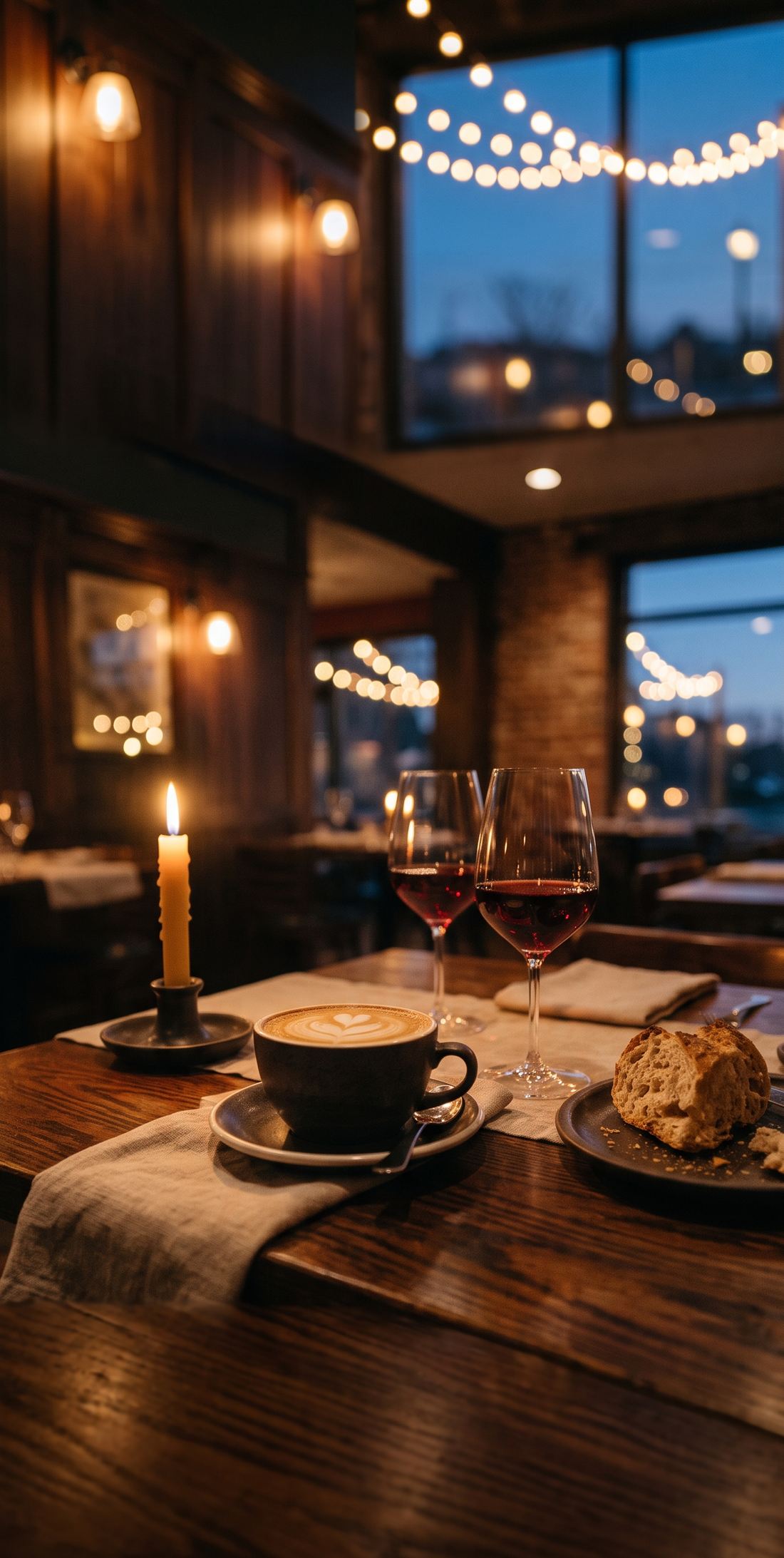 A candlelit table at dusk with coffee and wine