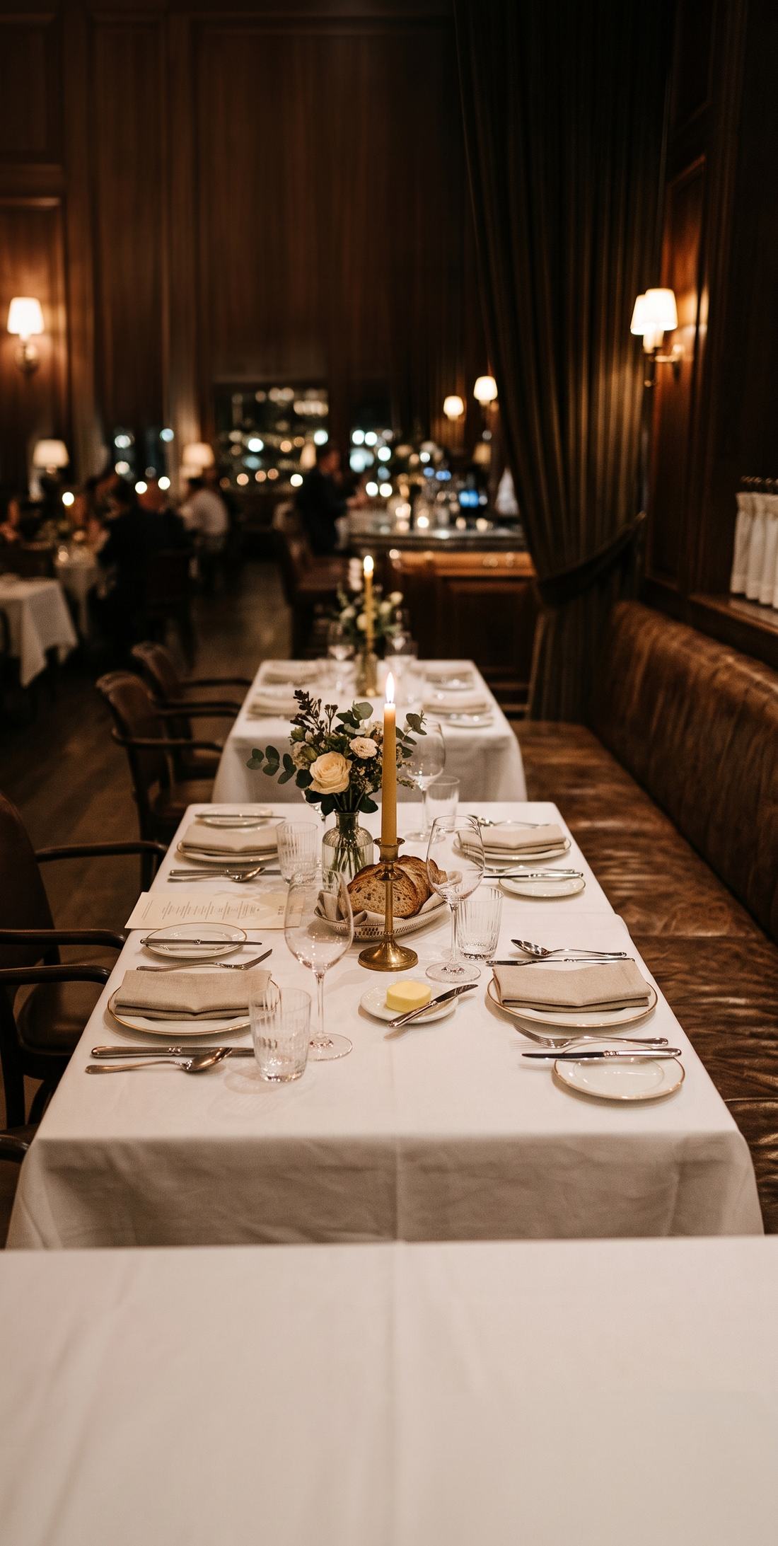 A set table in a warm restaurant at night