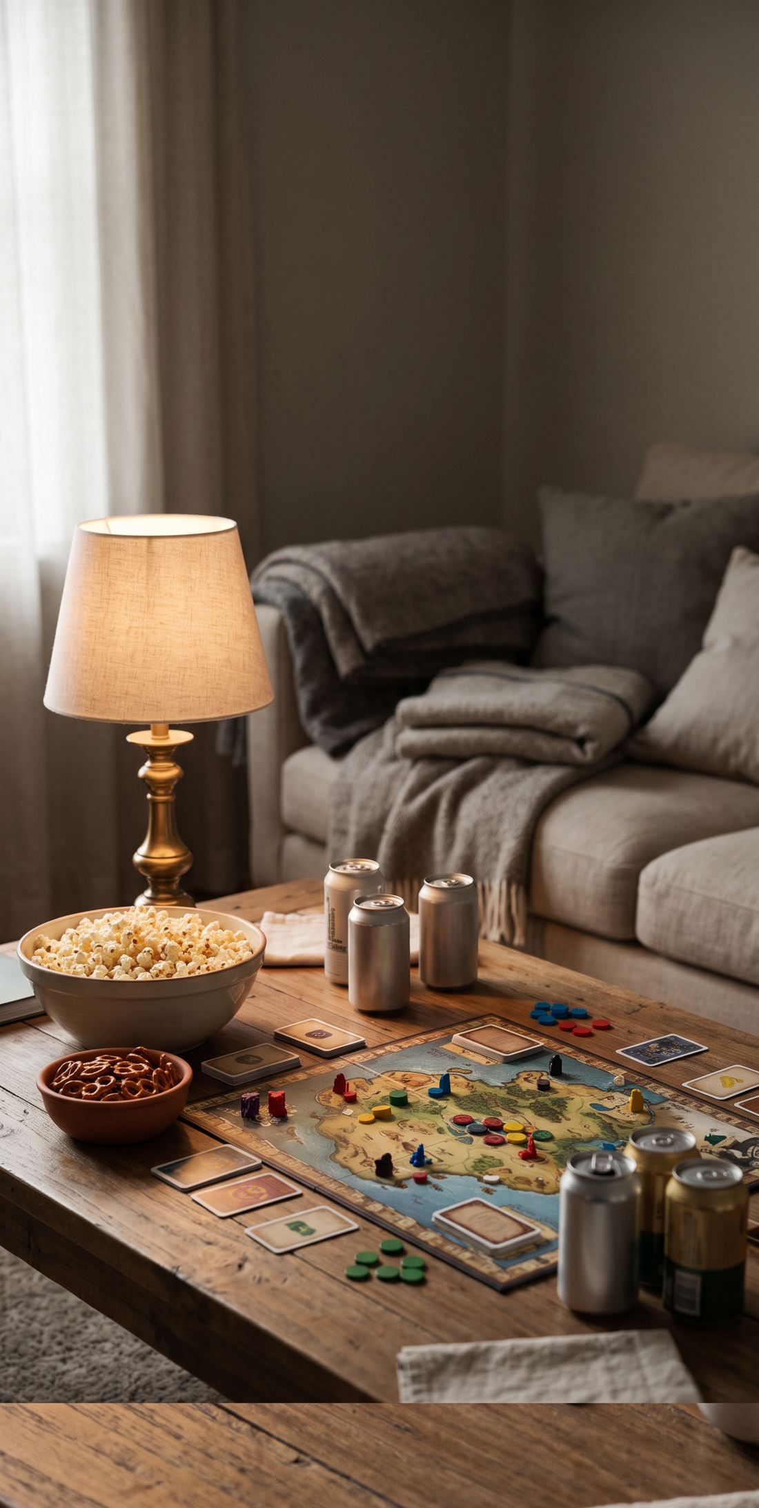 A cozy game night table with popcorn and a board game