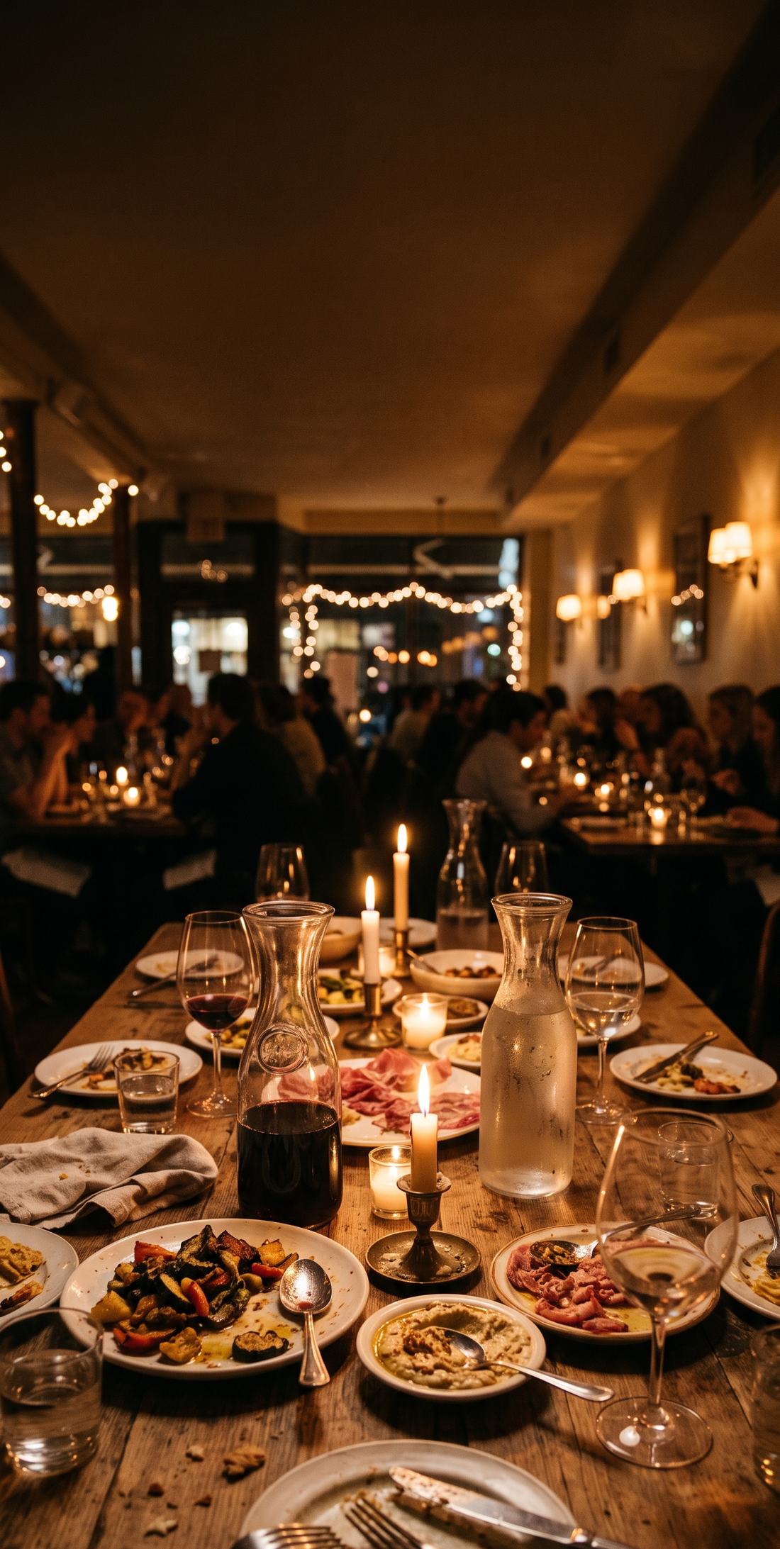 A shared table mid-meal in a warm buzzing restaurant