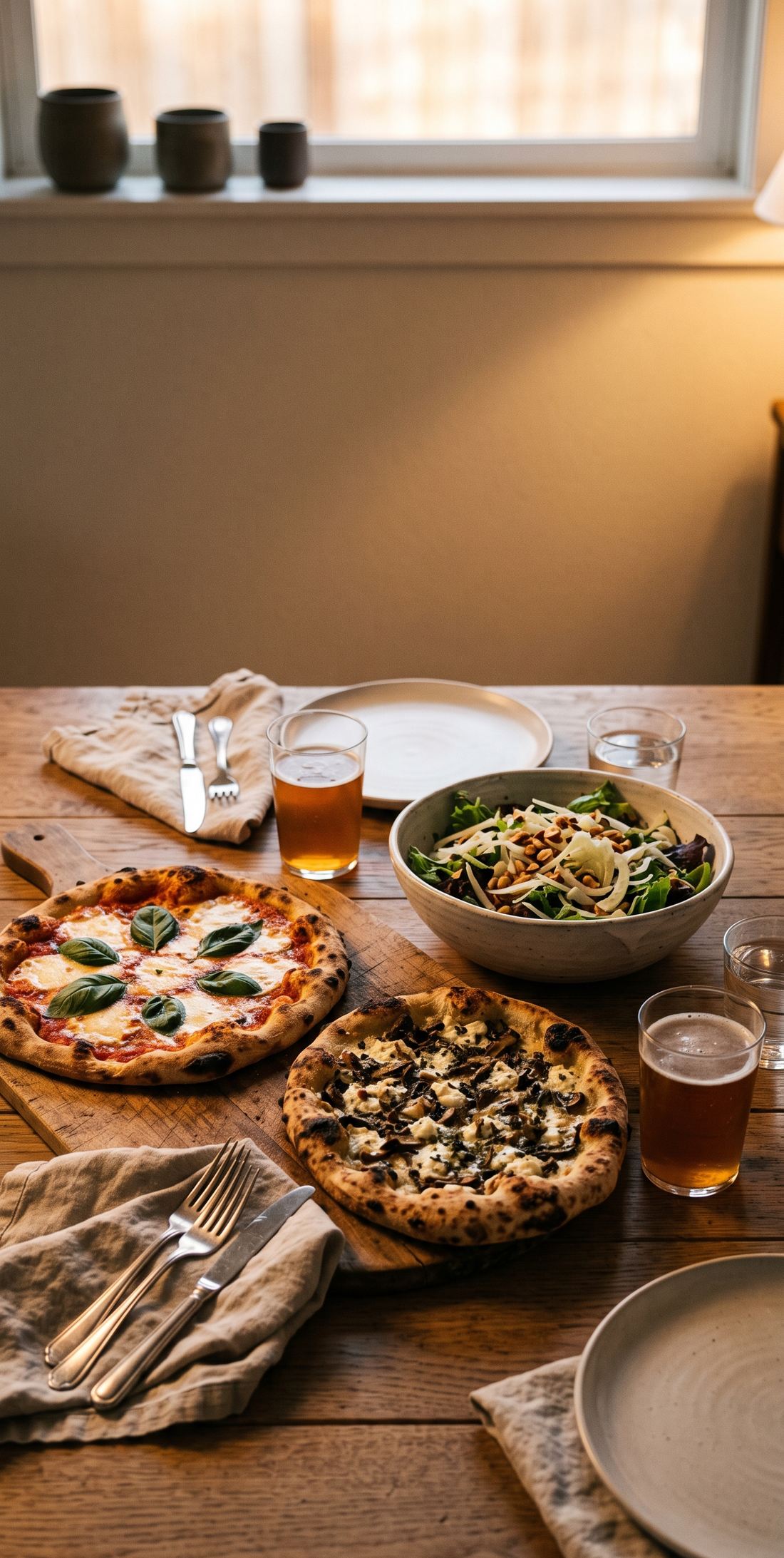 Pizza night on a wooden table with salad and cold beer