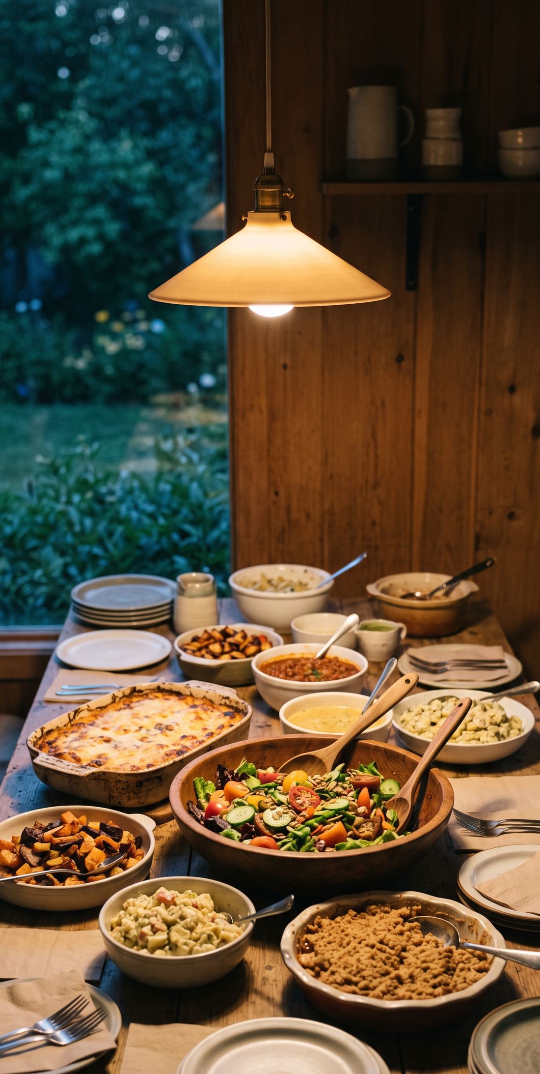 A table crowded with dishes for a dinner party