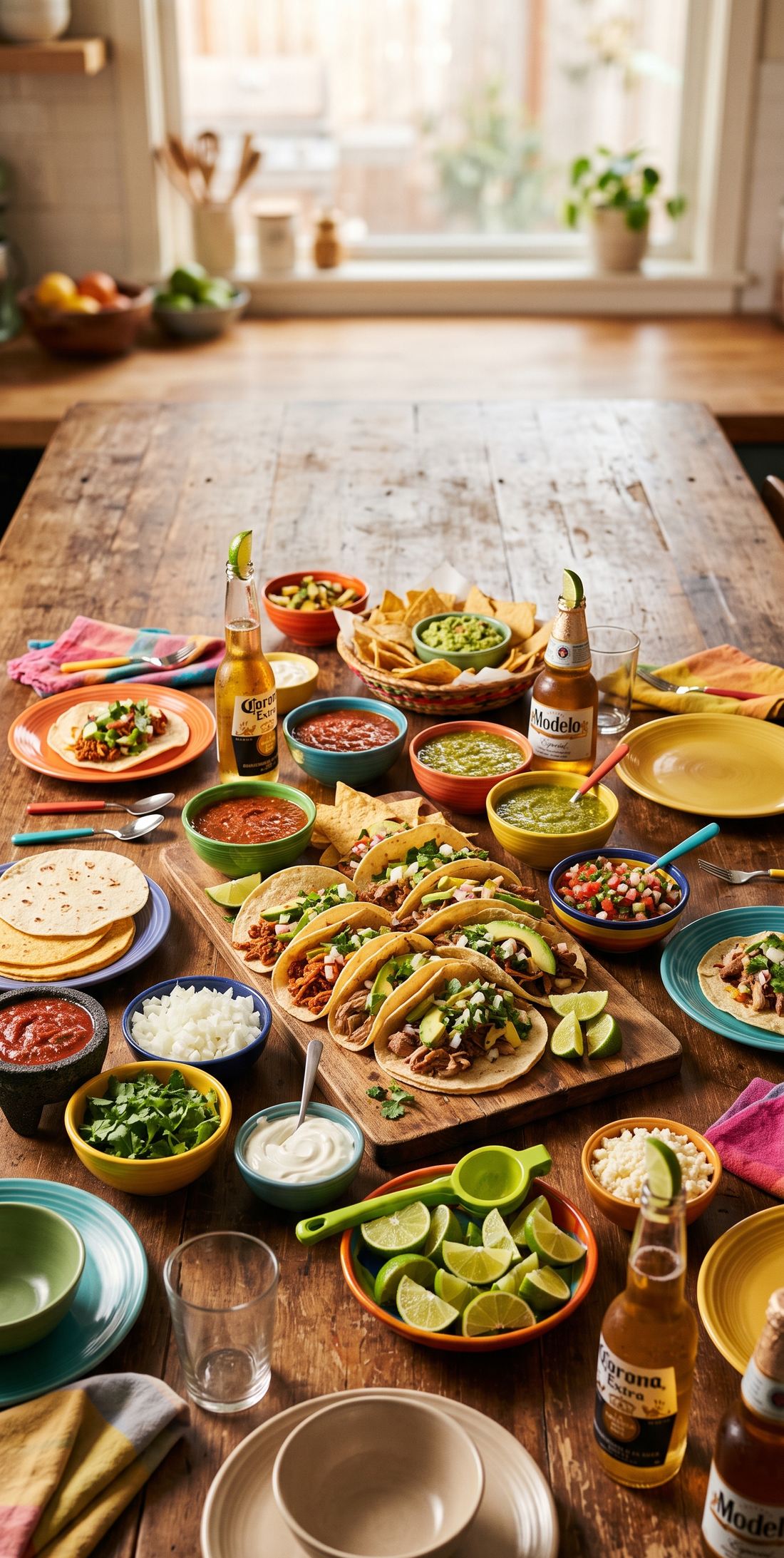 A colorful taco night spread on a big wooden table