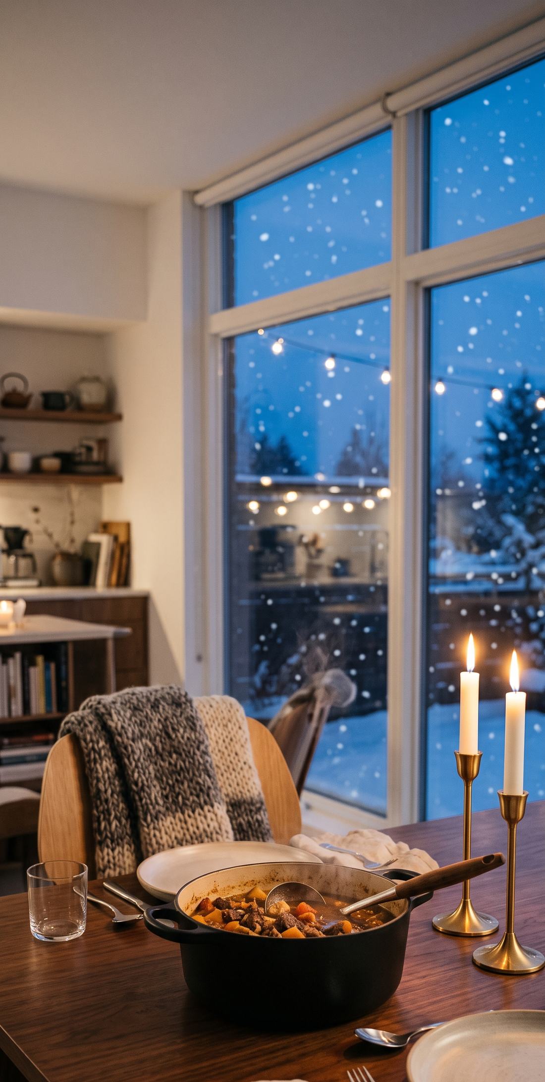 A snowy-evening dinner table with stew and candlelight